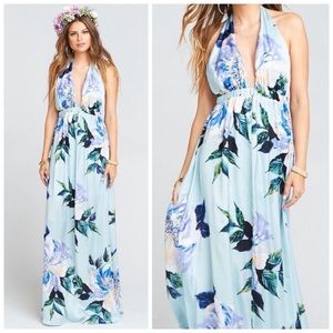 MEDIUM | New Show Me Your MuMu blue floral maxi halter bridesmaid dress